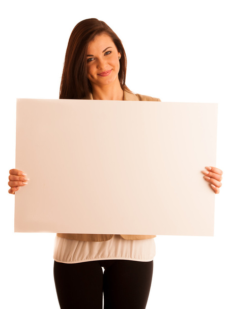 Smile young woman portrait with blank white banner, board on whi - Photo, image
