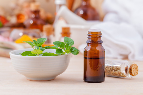 Natural Spa Ingredients essential oil with oregano leaves for ar - Photo, image