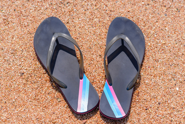 Pair of Flip Flops on Sandy Beach Shore - 写真・画像