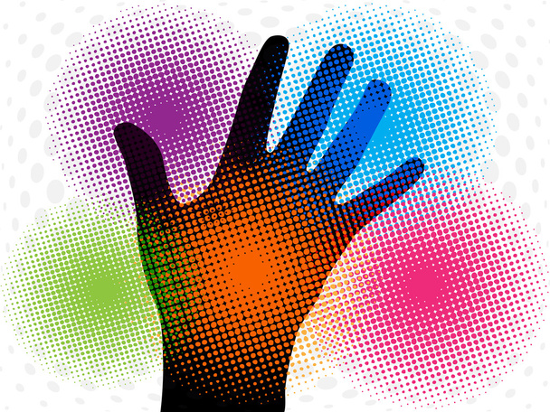 Silhouette of hand with colorful halftone abstract effect - Вектор, зображення