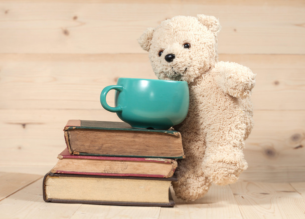 bear toy with cup of coffee - Zdjęcie, obraz
