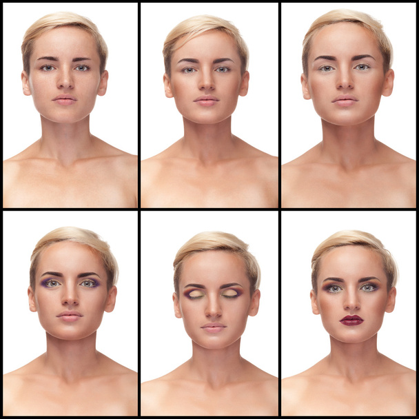 Collage van proces toe te passen make-up op vrouw - Foto, afbeelding