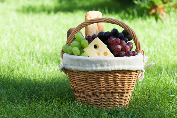 Cesta de picnic al aire libre en césped verde
 - Foto, imagen