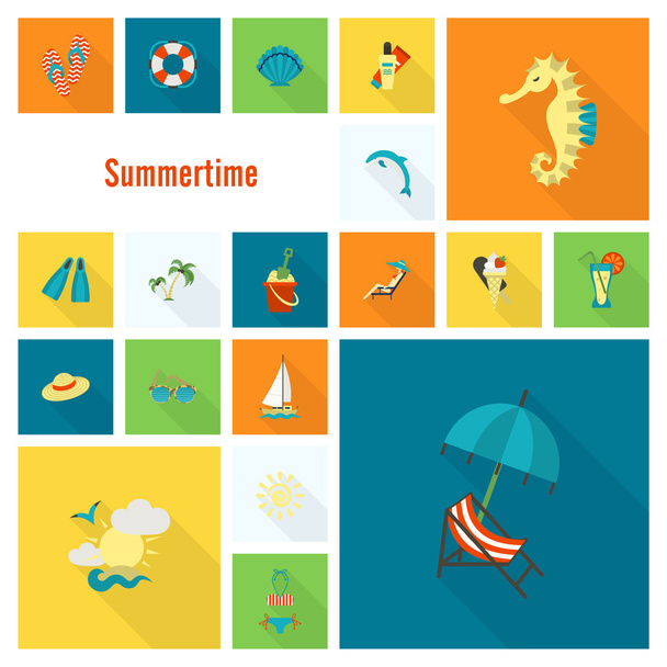 Summer and Beach Simple Flat Icons - Vektör, Görsel
