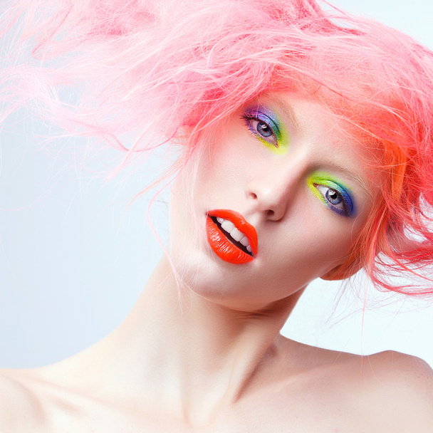 model with bright  makeup and  pink hair - Foto, Imagem