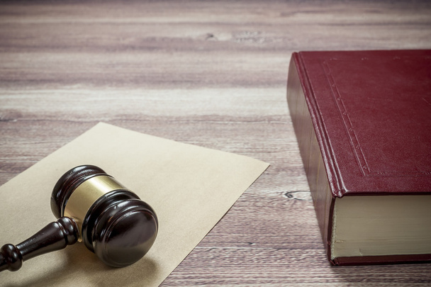 judge gavel and book on the brown wooden table, justice - 写真・画像