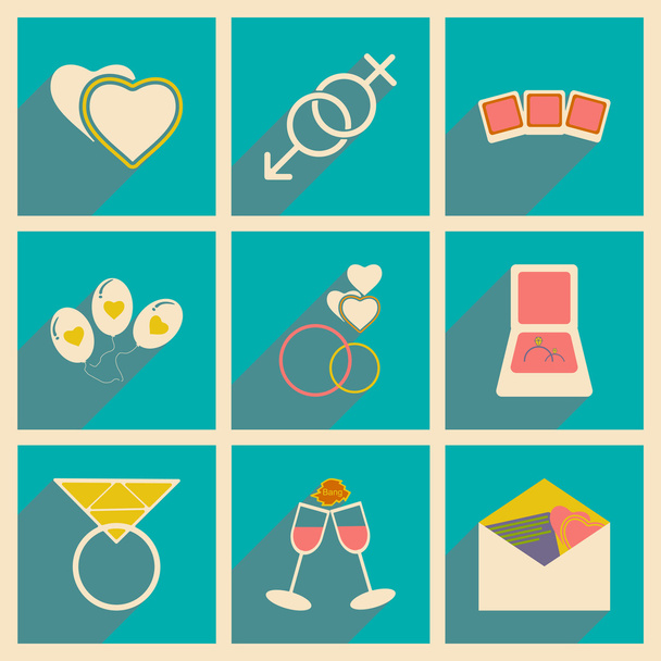 Flat with shadow concept and mobile application wedding icons - Vector, Image