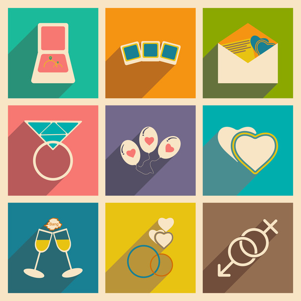 Flat with shadow concept and mobile application wedding icons - Vector, Image