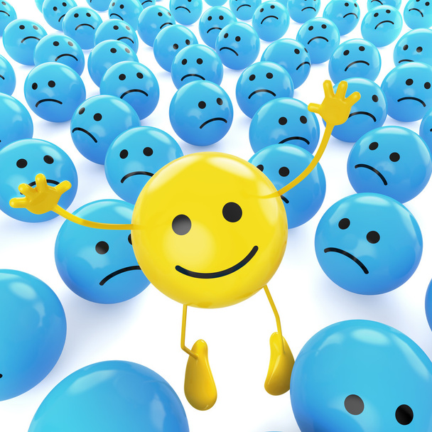 Amarelo saltando sorridente entre azuis tristes
 - Foto, Imagem
