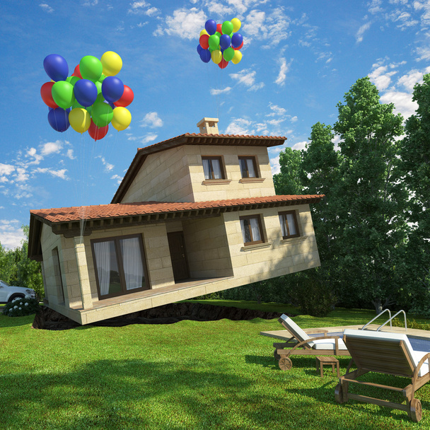 Luftballons fliegen Haus - Foto, Bild