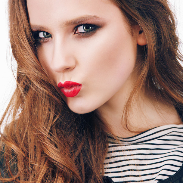 girl with bright make-up  shows kiss - Photo, Image
