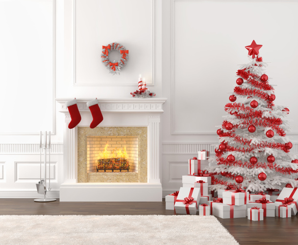 Lareira de Natal branco e vermelho interior
 - Foto, Imagem