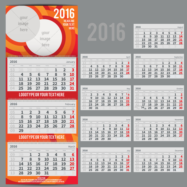 Vektor naptár 2016 - tervező, három hónapra - Vektor, kép
