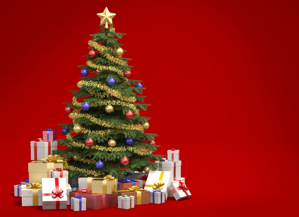 Christmas tree on red background with copy space - Photo, Image