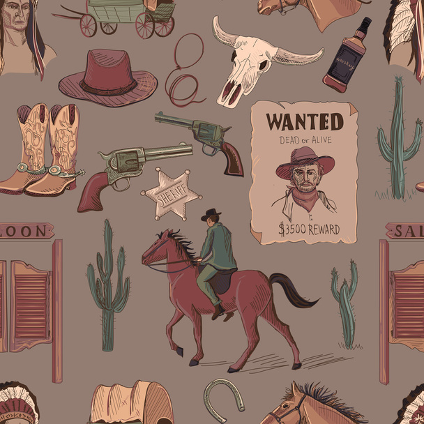 Wild West colored hand drawn pattern - Vector, afbeelding