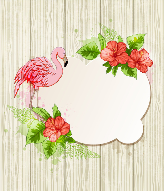 Tropical flowers and pink flamingo - Vector, Image