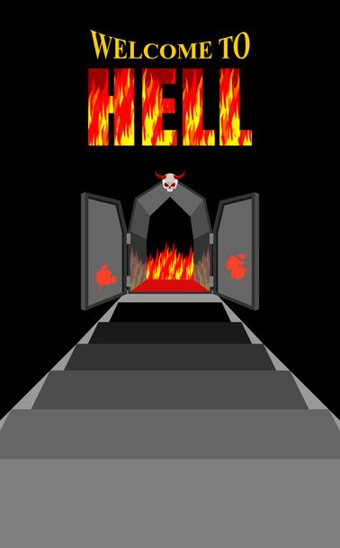 Bienvenido al infierno. Escalera al infierno. Puertas negras de hierro de Fiery pu
 - Vector, Imagen