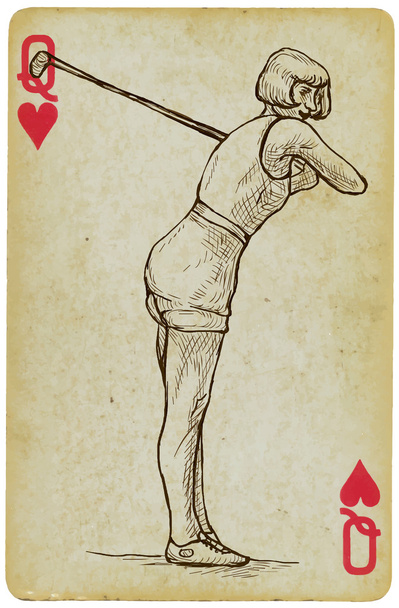 Giocare a carte, Regina - Vintage Golfer, una donna. Disegno mano libera
 - Vettoriali, immagini