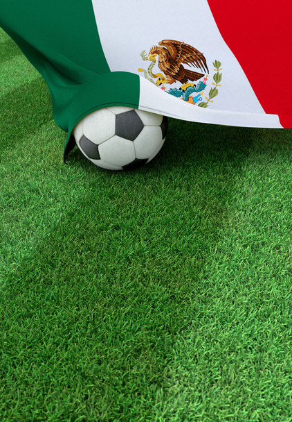 Soccer ball and national flag of Mexico,  green grass - Photo, Image