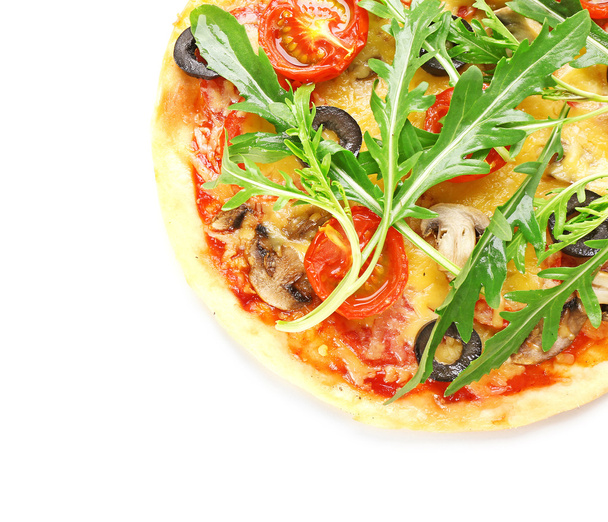 Tasty pizza with vegetables and arugula isolated on white - Fotó, kép