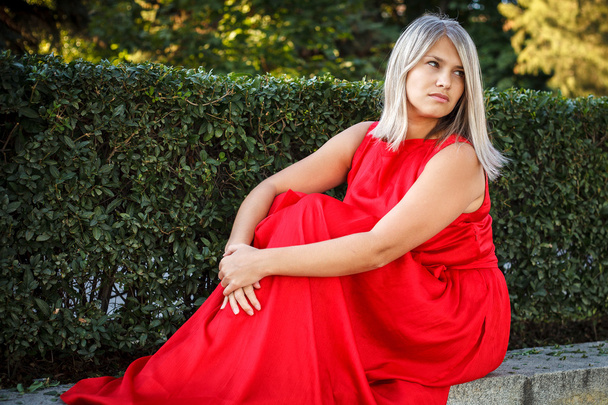 beautiful girl posing in a red evening dress in the park outdoor - Zdjęcie, obraz