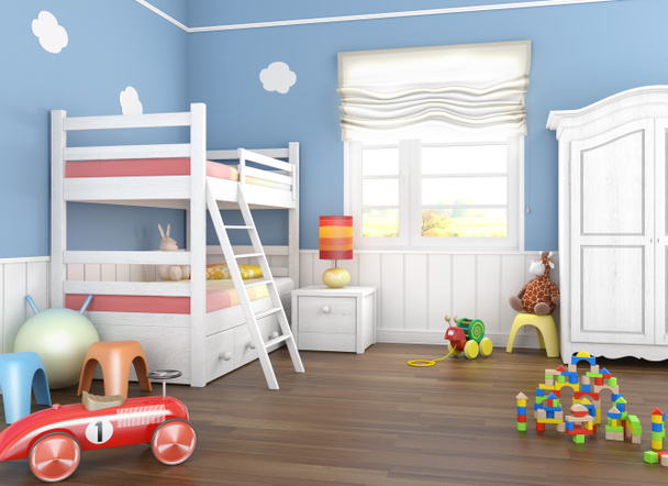 Chambre d'enfant bleue avec jouets
 - Photo, image