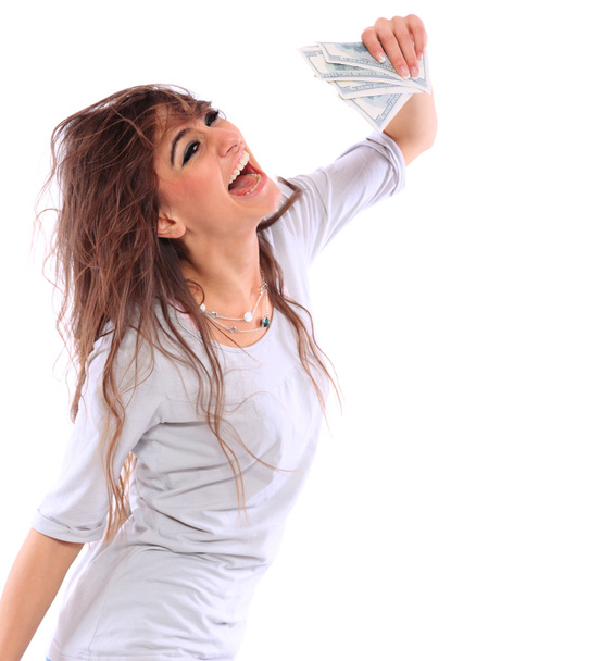 Young lady holding cash and smiling - Foto, Bild