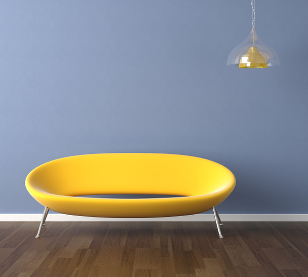 Pared azul con diseño interior de sofá amarillo
 - Foto, Imagen