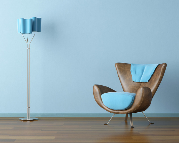 Голубой интерьер с диваном и лампой
 - Фото, изображение