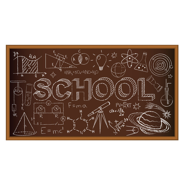 School chalk board. Set of school doodles on brown background. Vector Illustration - Vektör, Görsel
