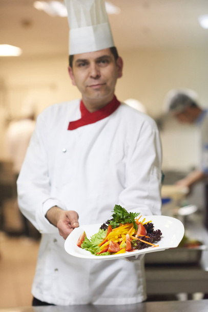 chef en vista a la cocina del hotel, deliciosas verduras y carne
 - Foto, imagen