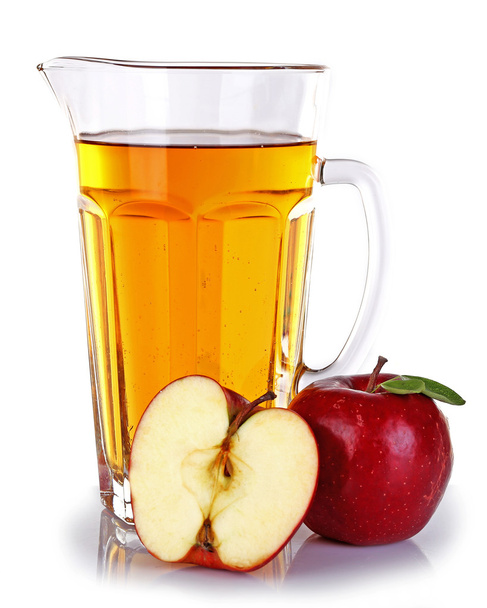 Full jug of apple juice and fruit isolated on white - Photo, Image