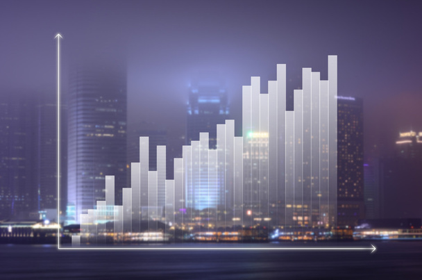 business graph on night modern city background - Photo, Image