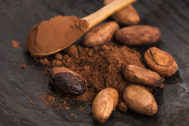 granos de cacao y polvo de cacao en cuchara - Foto, imagen