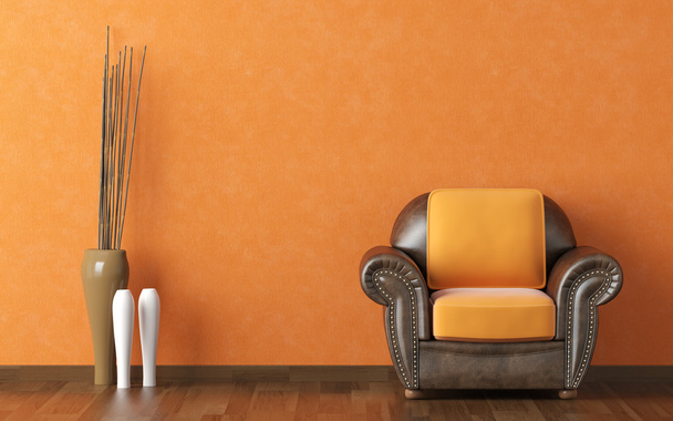 Sisustus oranssi seinä ja ruskea sohva
 - Valokuva, kuva