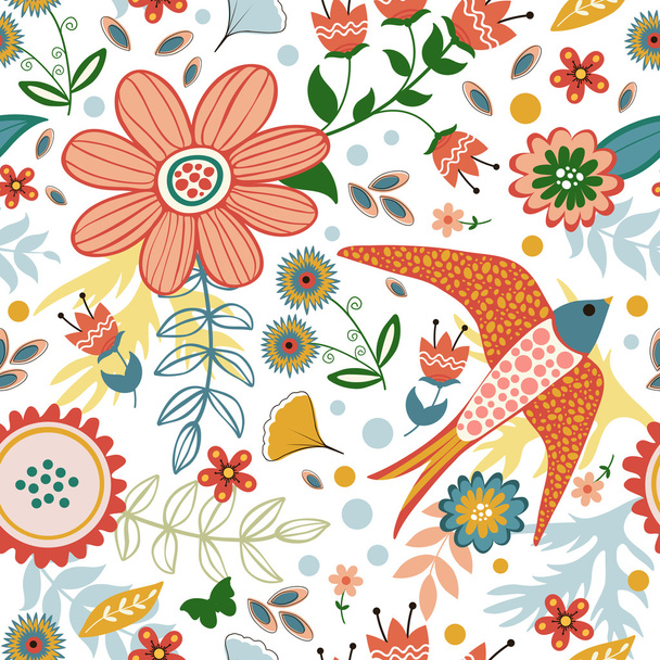 Kleurrijke naadloze patroon met vogels en bloeiende bloemen - Vector, afbeelding