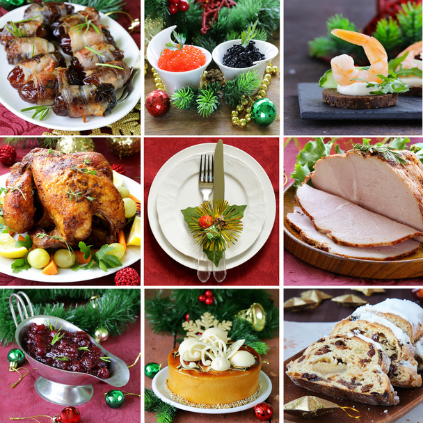 menu natalizio festivo collage (tacchino, antipasti, salsa di mirtilli rossi, torta e Stollen
) - Foto, immagini