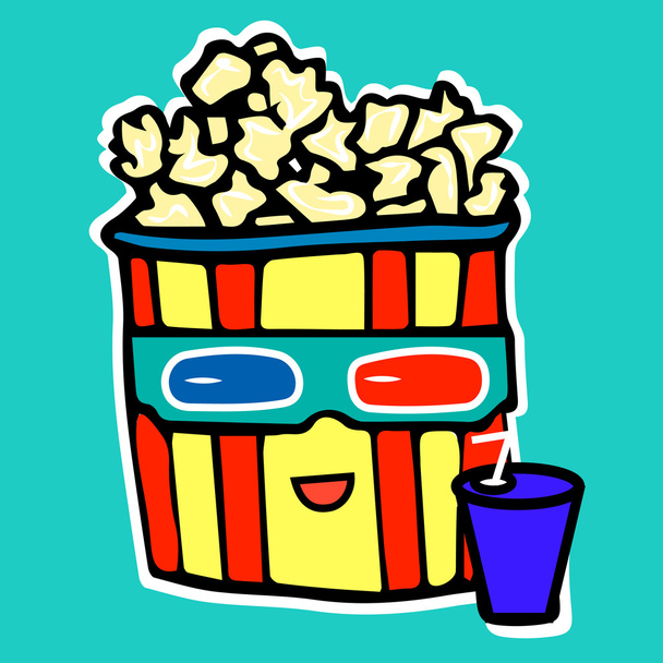 Popcorn boit du cola en regardant un film dans un cinéma en lunettes d'anaglyphe
 - Vecteur, image