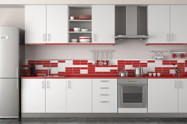 interieur ontwerp van moderne rode keuken - Foto, afbeelding