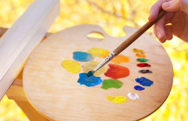 L'artista mescola vernice di diversi colori sulla tavolozza
 - Foto, immagini