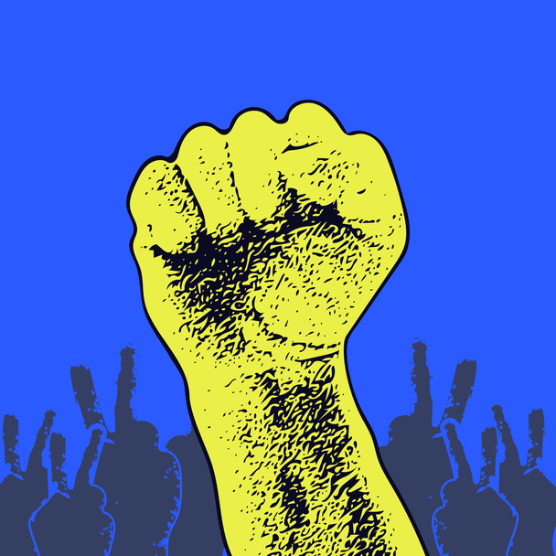 Vector Illustration Concept in Soviet Union Agitation Style. Fist of revolution. Human hand up. Red background. Design element. - Vector, Image