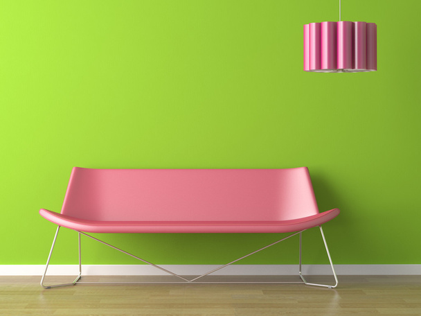 インテリア デザインの緑の壁 fuxia のソファとランプ - 写真・画像