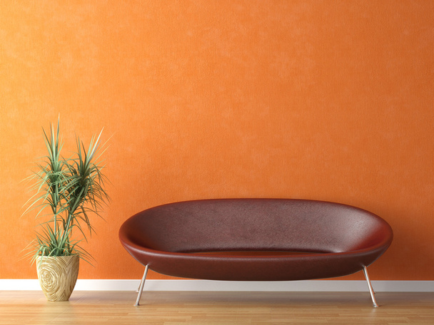 κόκκινο καναπέ, στον τοίχο πορτοκαλί - Φωτογραφία, εικόνα