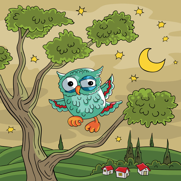 Funny owl landing on a branch - Vector, Image