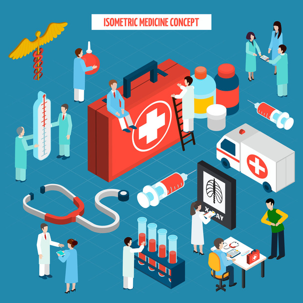 Orvosi egészségügyi koncepció izometrikus összetétele banner - Vektor, kép