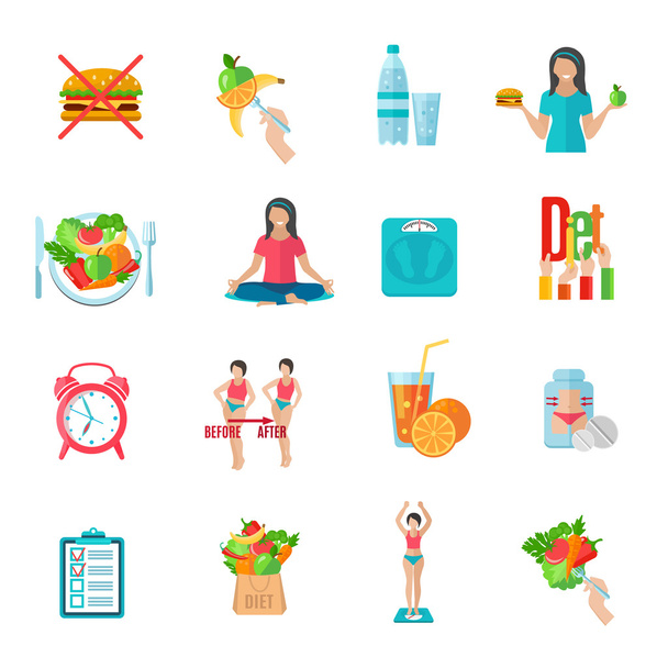 Weight loose diet flat icons set - Vector, Image