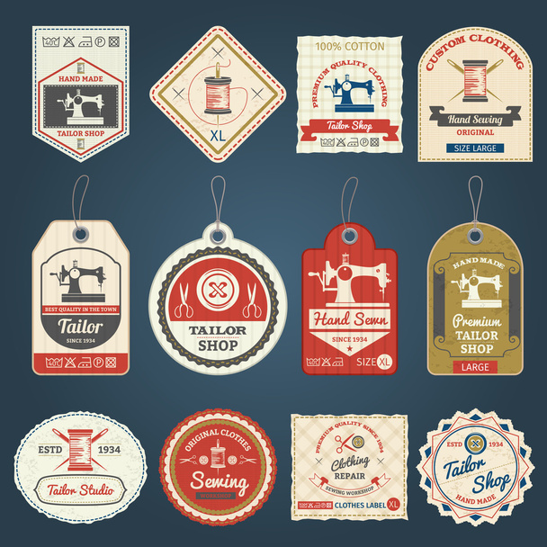 Kleermaker winkel badges etiketten icons set - Vector, afbeelding