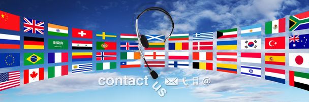Концепция контакта, гарнитура с флагами на небе, и связаться с нами текст
 - Фото, изображение