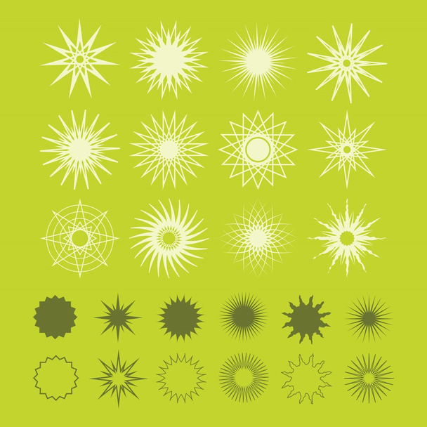 Beautiful line and silhouette geometrical poly-gram stars icons set on bright green background - Vector, Image