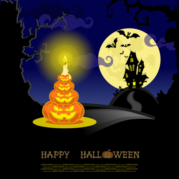 Halloween nápis. Krajina s lampami z dýně, netopýři a strašidelný dům pro stranu na pozadí velké měsíc. Vektor - Vektor, obrázek